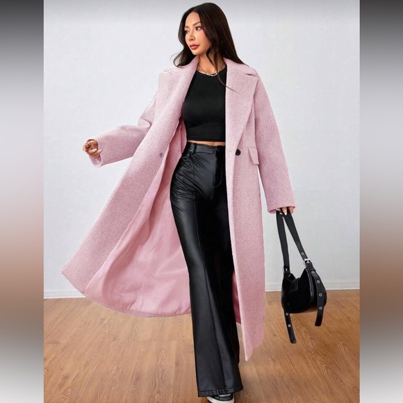 Jackets & Blazers - Luxury Longline Peacoat Full Length Double Breasted Winter Coat baby pink